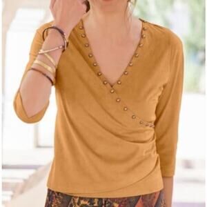 Soft Surroundings Womens Faux Suede Wrap Top XS Brown Sugar V Neck Studded